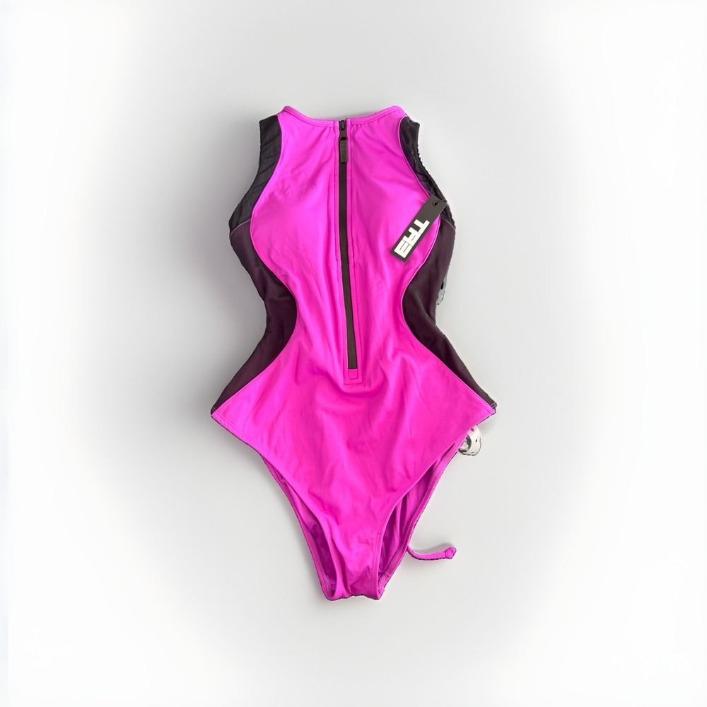 TA3 ORCHID/BLK SLEEVELESS SURFY MESH ONE PIECE SWIMSUIT CREW CONTOUR SZ M SHORT